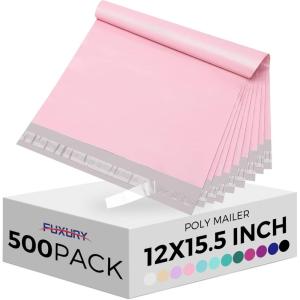 imageFuxury Poly Mailers 12x155 Inch 500 Pcs Bulk Shipping Bags for Clothing Strong Adhesive Shipping Envelopes for Small Business SuppliersWaterproof Mailers Poly Bags Mailing Envelopes Forest GreenLight Pink