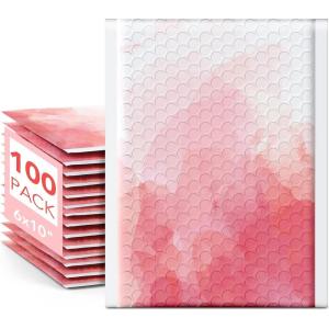 imageFuxury Bubble Mailers 6x10 Pink Watercolor Padded Envelopes 100 Pack Usable Size 6x9 Bubble Envelopes Strong Adhesion Padded Mailers Thick Waterproof Shipping Envelops for Mailing Jewelry Makeup 0Pink Watercolor